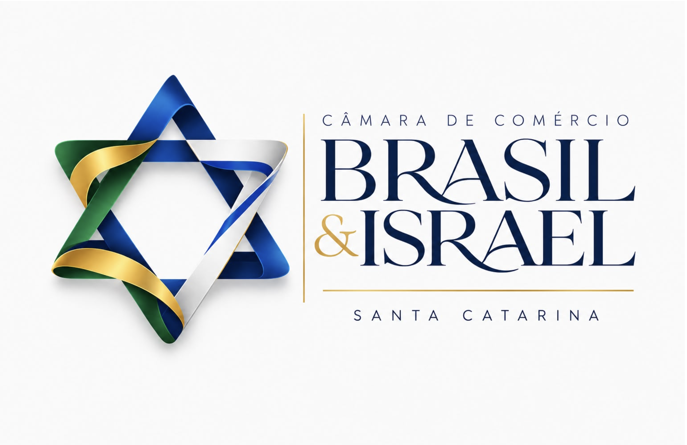 Marca da Câmara de Comércio Brasil e Israel — Santa Catarina, com fitas nas cores dos dois países formando uma estrela